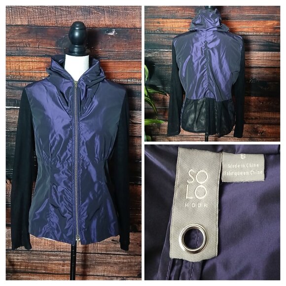 NWOT SOLO MODA Jacket 8 Purple Metallic Black Sheer Mesh Sleeves Full Zip - Picture 1 of 10